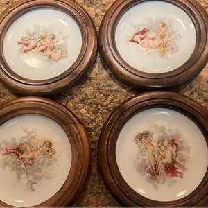 Set of 4 vintage cherub porcelain plates from Fairmont with wood frames